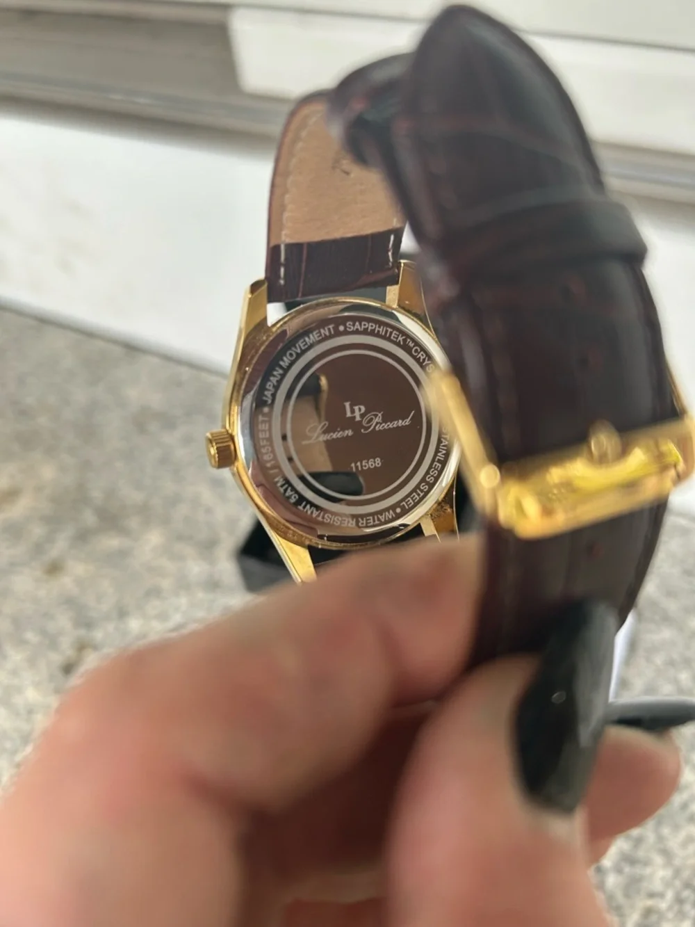 Lucien Piccard Gold Tone Case with Brown Strap and White Dial Accents